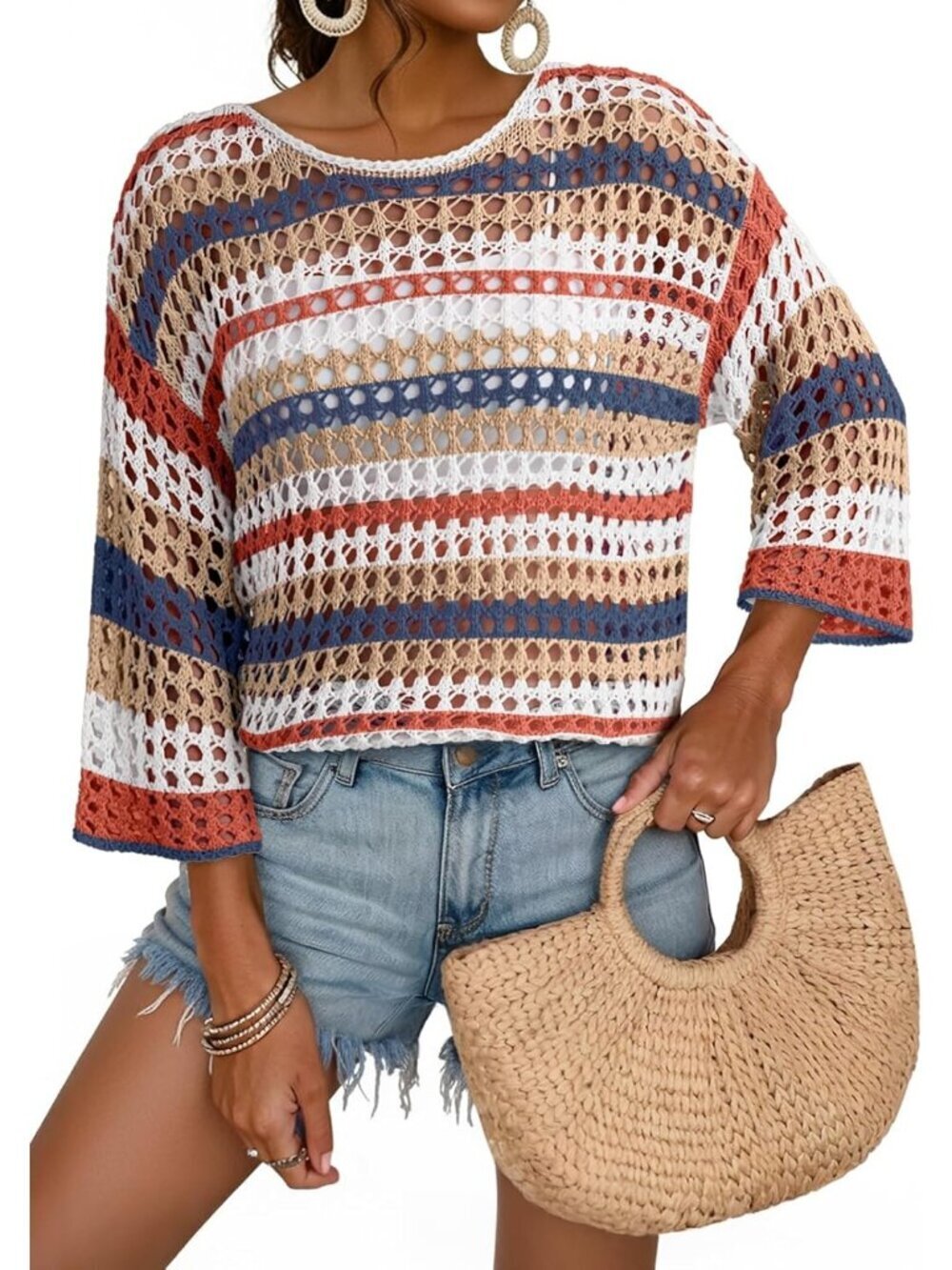 Women's Beige Sleeve Crochet Sweater Hollow Block  Cover Ups Striped Tops